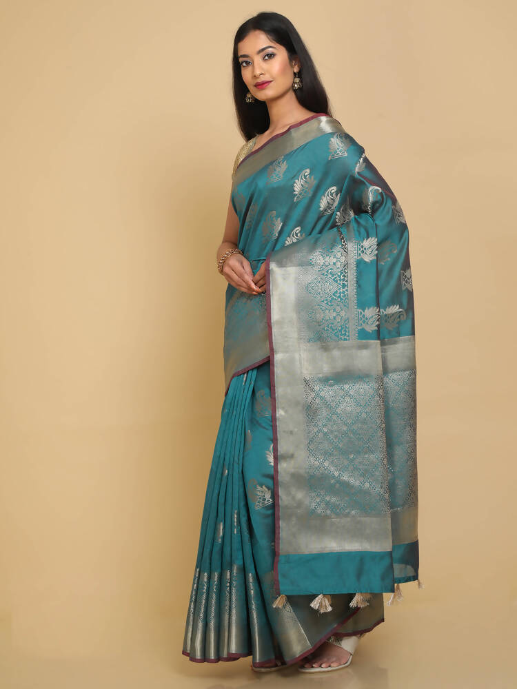 Kalamandir Ethnic Motifs Sea Green Silk Blend Saree | Grocsy