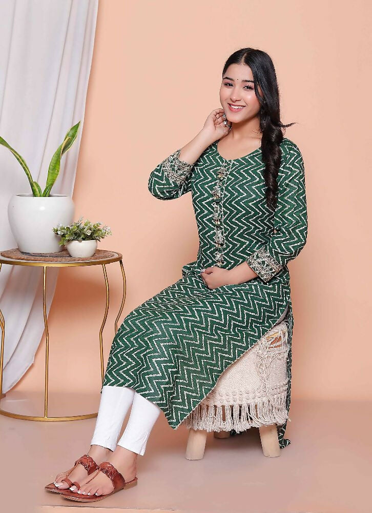 Miravan Womens Green Zigzag Print Embroidery Rayon Straight Kurta | Grocsy