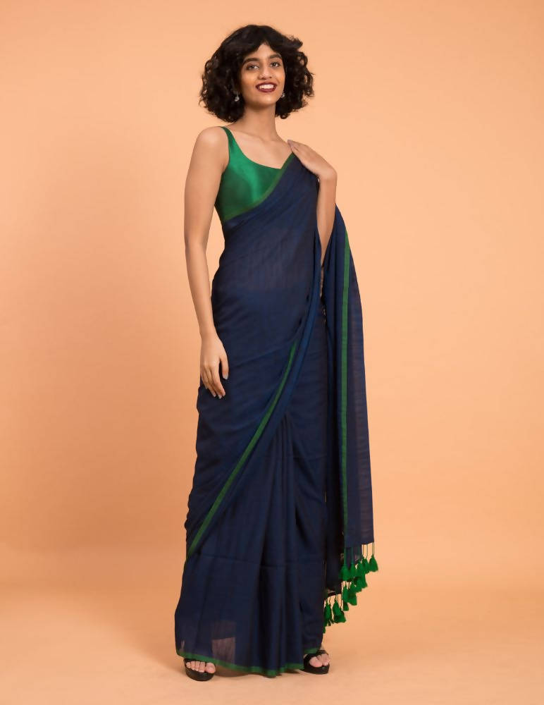 Suta Blue Green Solid Cotton Blend Saree | Grocsy