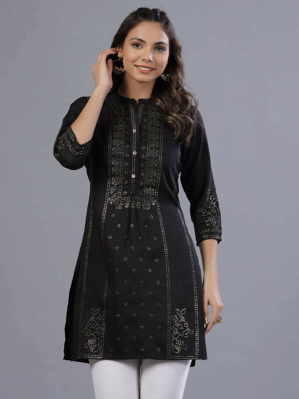 Juniper Women Black Chinon Silk Mukesh Work Straight Tunic | Grocsy