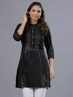 Juniper Women Black Chinon Silk Mukesh Work Straight Tunic | Grocsy