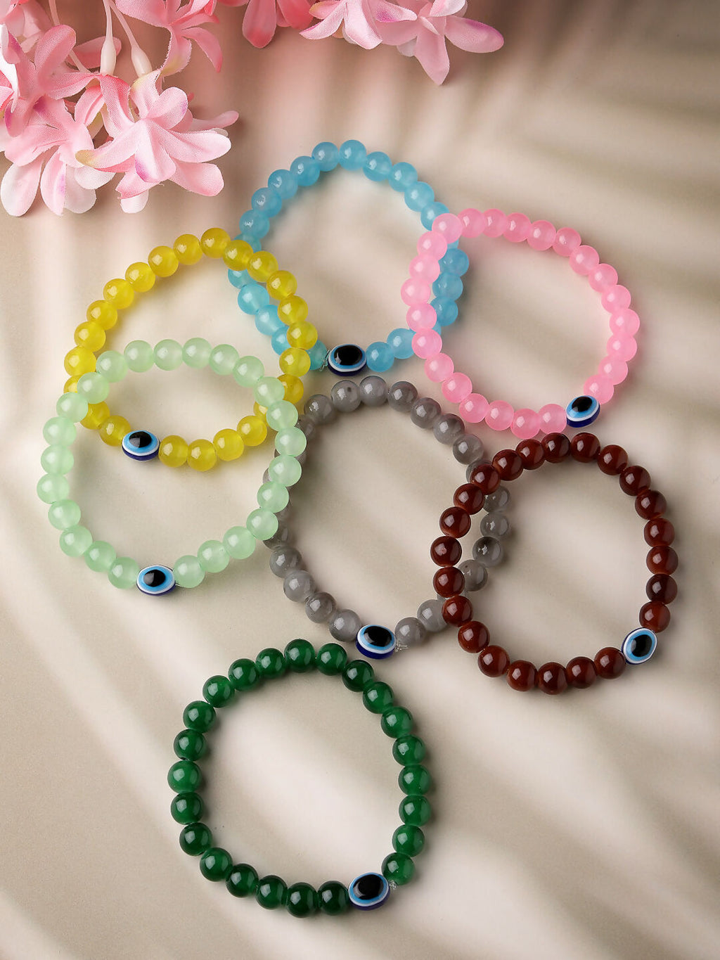 NVR Men & Women Set of 7 Crystals Beaded Evil Eye Elasticated Bracelet