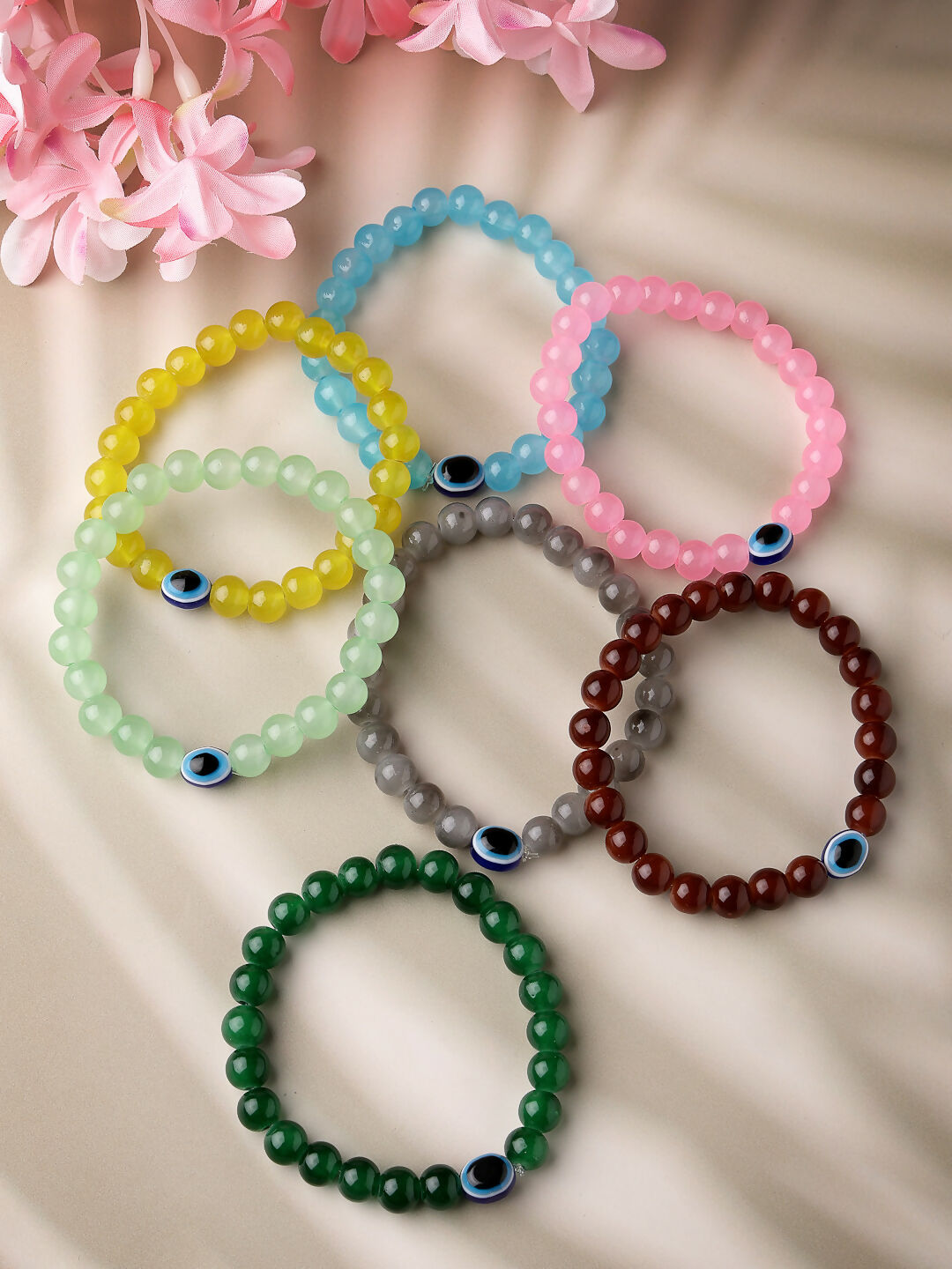 NVR Men & Women Set of 7 Crystals Beaded Evil Eye Elasticated Bracelet