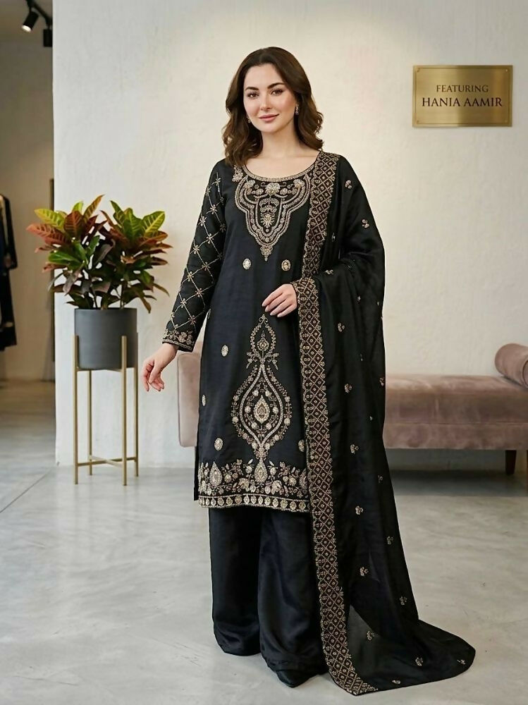 Teeya Creation Black Color Gimmychu Silk Embroidery Work Wedding Wear Salwar Suit | Grocsy
