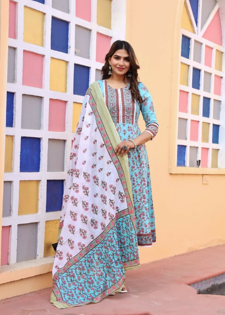 Alvano Printed Anarkali Kurti with Pant and Dupatta Set for Women's and Girls Rayon | Grocsy