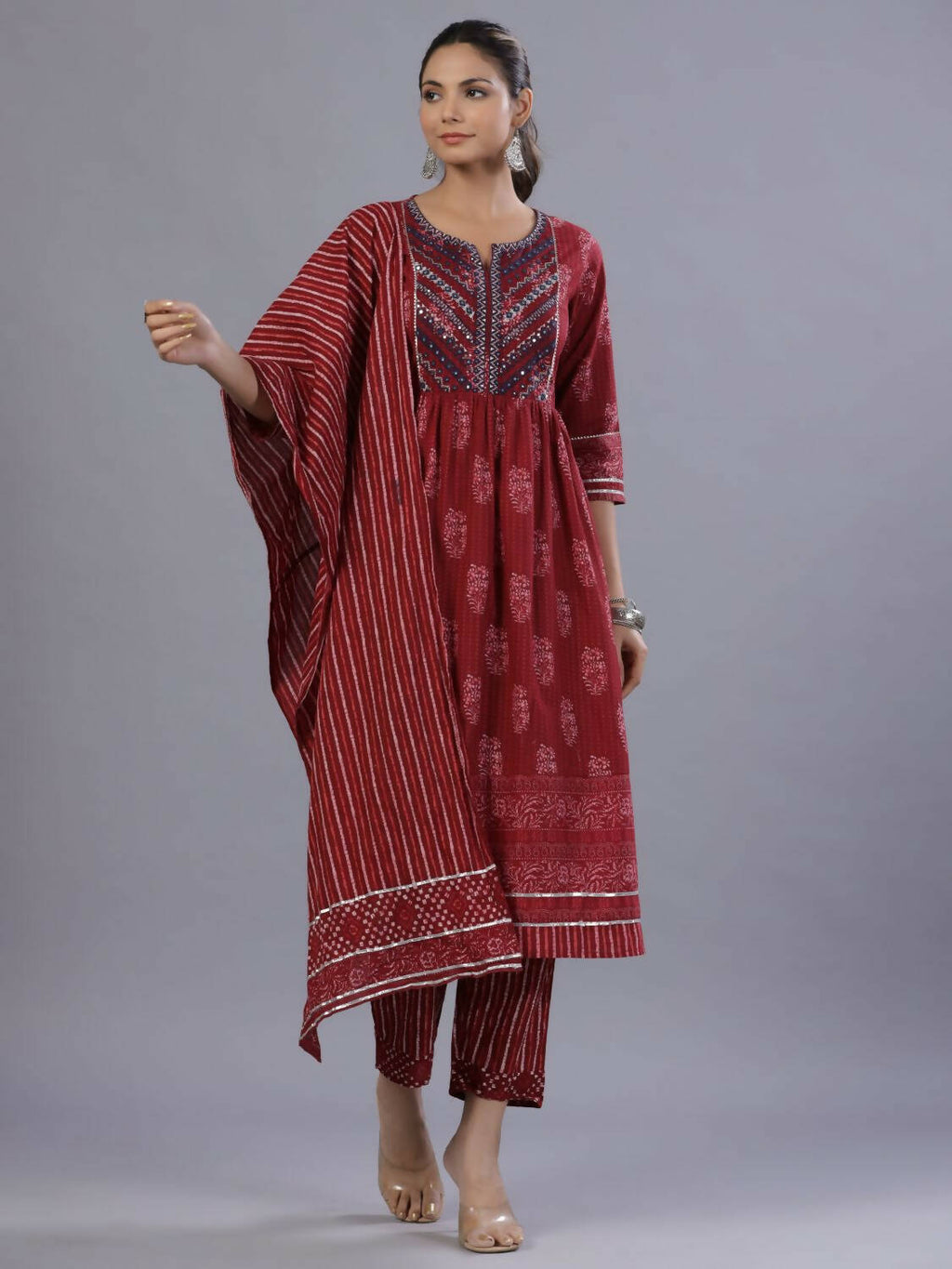 Juniper Women Maroon Cotton Cambric Batik texture Printed Kurta, Pants and Dupatta Set | Grocsy