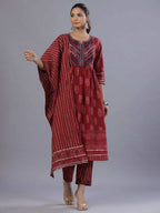 Juniper Women Maroon Cotton Cambric Batik texture Printed Kurta, Pants and Dupatta Set | Grocsy