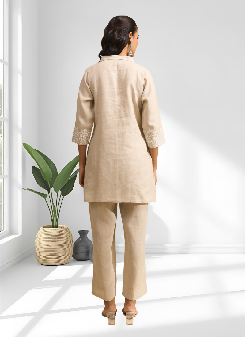 Joban Fashion Beige Linen Embroidered Readymade Cord Set | Grocsy
