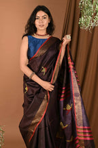 Very Much Indian Handloom Pure Dupion Silk Saree With Sleek Golden Border - Brown | Grocsy