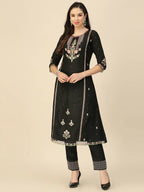 Black Embroidered Chinon Straight Kurta With Trouser & Dupatta - Salimar | Grocsy