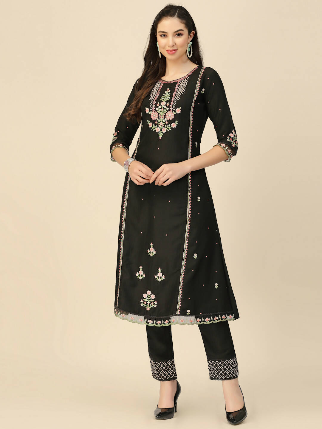 Black Embroidered Chinon Straight Kurta With Trouser & Dupatta - Salimar | Grocsy