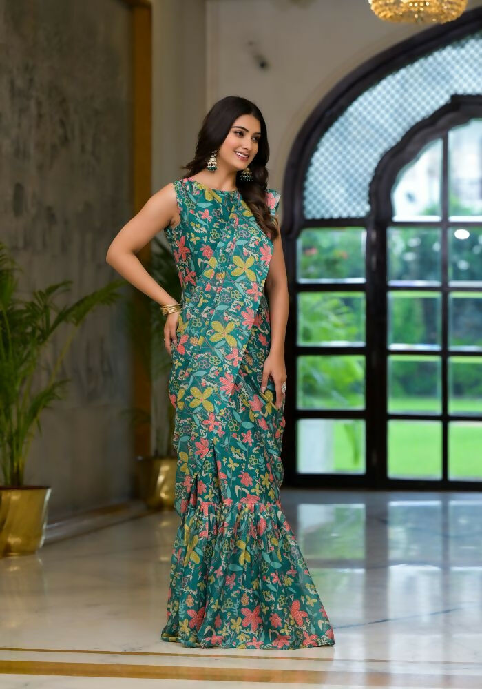 Partywear Designer Green Slime Georgette Fancy Saree - Anbazaar | Grocsy