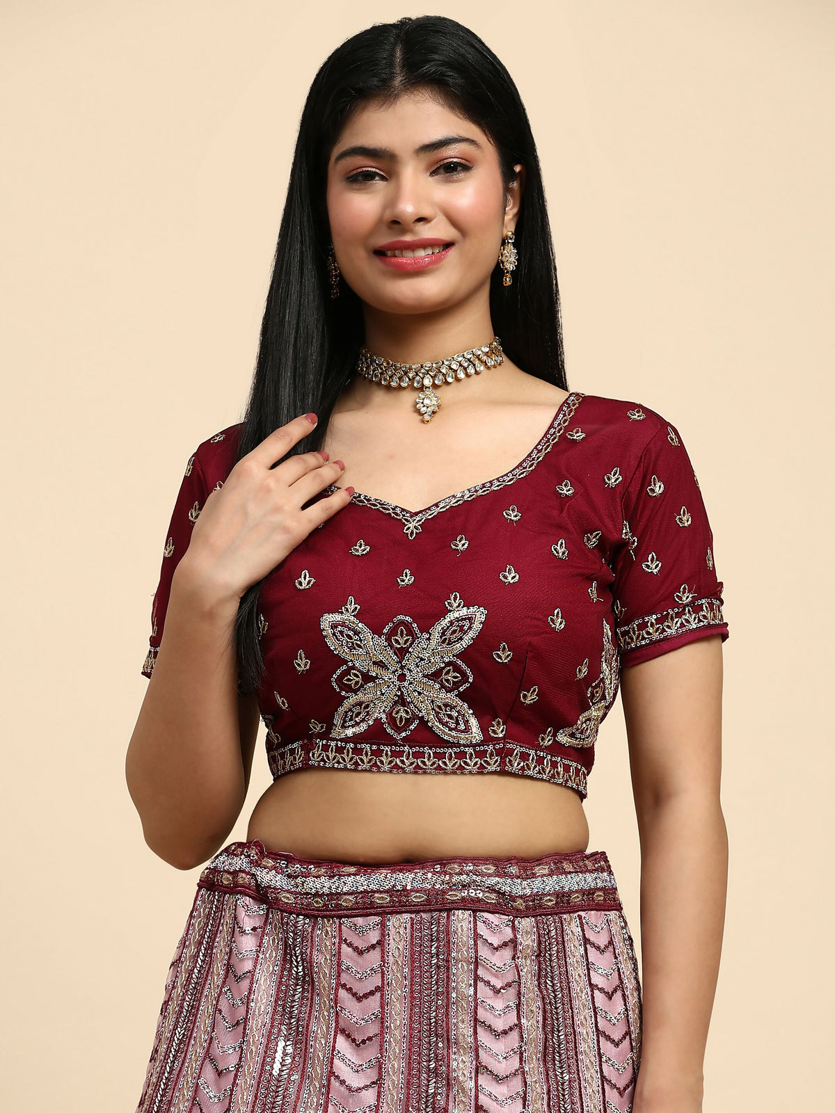 Maroon Fancy Net Sequence Embroidered Lehenga Choli with Dupatta - Dhara | Grocsy