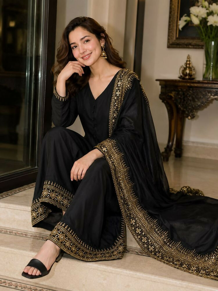 Teeya Creation New Latest Stylish Classic Black Festive Kurta Set with Gold Zari Border Palazzo and Dupatta | Grocsy