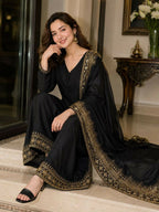 Teeya Creation New Latest Stylish Classic Black Festive Kurta Set with Gold Zari Border Palazzo and Dupatta | Grocsy