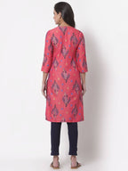 Myshka Women's Pink Printed 3/4 Sleeve Rayon Round Neck Casual Kurta | Grocsy
