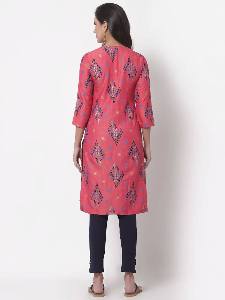 Myshka Women's Pink Printed 3/4 Sleeve Rayon Round Neck Casual Kurta | Grocsy
