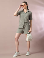 Myshka Women's Grey Solid Shirt Collar Party Shirt With Shorts Co-ord set | Grocsy