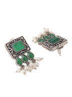 NVR Women's Oxidised Silver Plated Green Color Stone Jewellery Set With Earrings | Grocsy