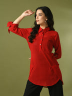 Myshka Women's Red Solid Georgette Longline Party Sheer Tunic | Grocsy