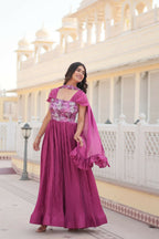 Vastranavya Position Print with Fancy Balloon Sleeves Chinnon Crush Pleating Gown with Dupatta - Pink | Grocsy
