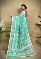 Exclusive Collection Beautiful Turquoise Jaal Jamdani Saree | Grocsy