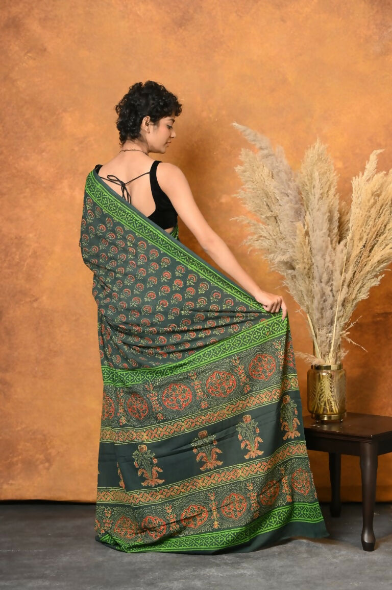 Very Much Indian Handblock Printed Cotton Saree With Natural Dyes - Green | Grocsy