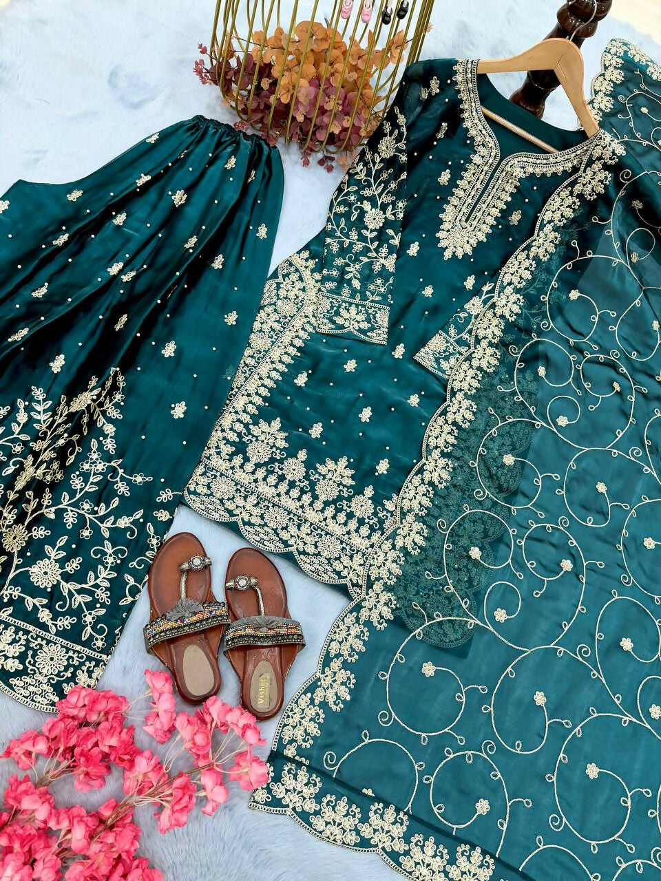 Teeya Creation Teal Pure Silk Gimmy Silk Heavy Embroidery Work Wedding Wear Palazzo Pair | Grocsy