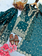 Teeya Creation Teal Pure Silk Gimmy Silk Heavy Embroidery Work Wedding Wear Palazzo Pair | Grocsy