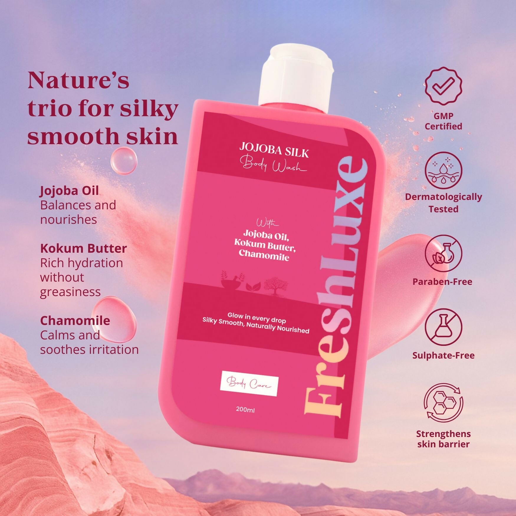FreshLuxe Silk Bodywash Exfoliating & Hyderation Jojoba, Camomile & Ylang Ylang | Grocsy
