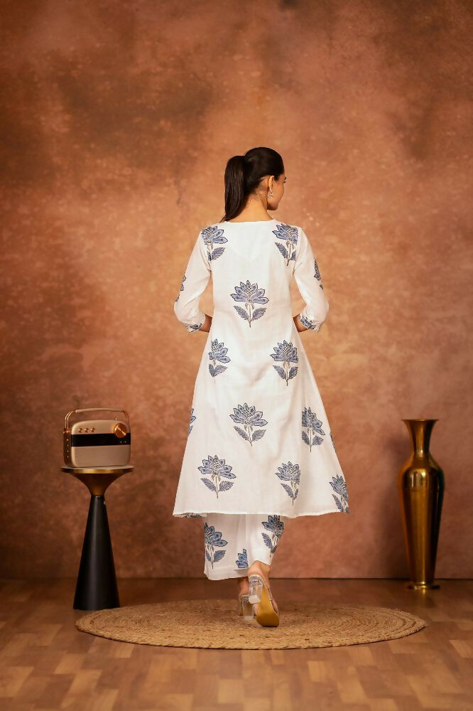 Joban Fashion Off White Blue Hand Block Printed Cotton Suit Set | Grocsy