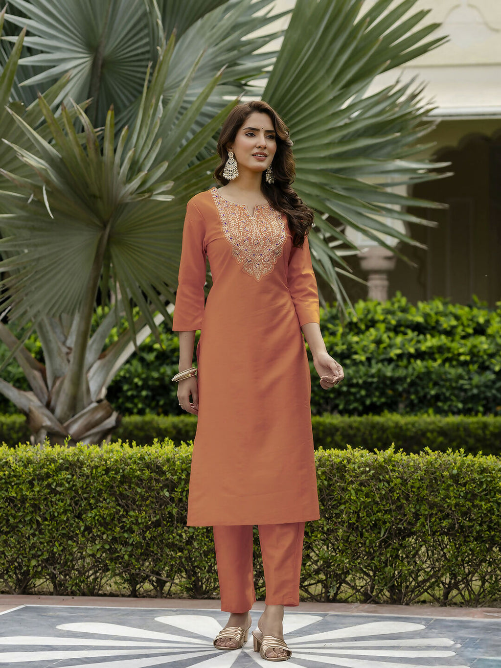 The52 Orange Women's Gorgeous Embroidered Rayon Fabric with Straight Kurta, Pant and Dupatta Set | Grocsy