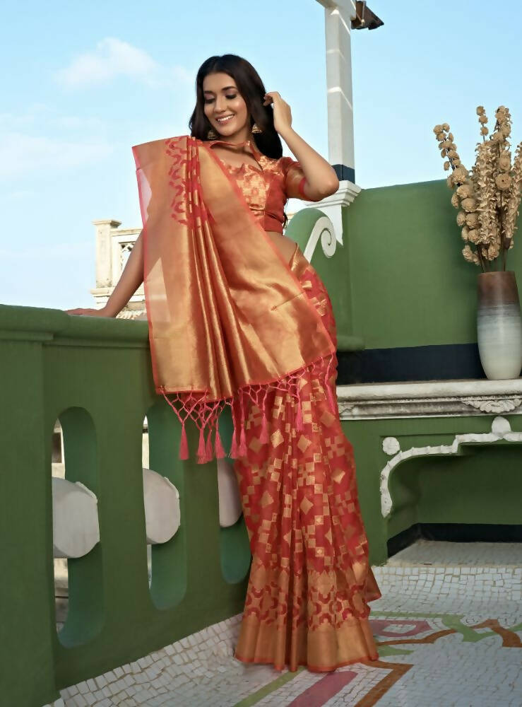 Charming Designer Light Tomato Red Color Organza Silk Saree With Weaving Work - Yomika Fashions | Grocsy