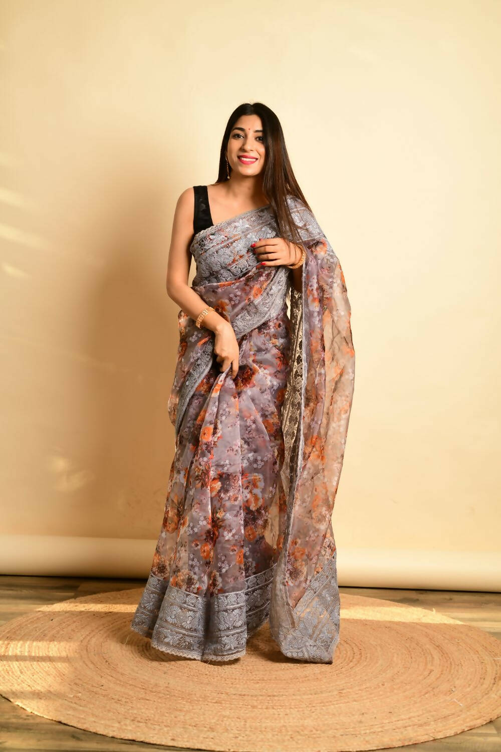 Vamsee Grey Organza Saree | Grocsy