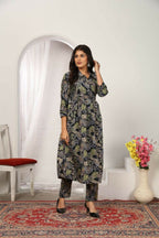 Jyoti Fashion Women's Black Chanderi Silk Floral Print with Side Pocket Kurtis & Sets | Grocsy