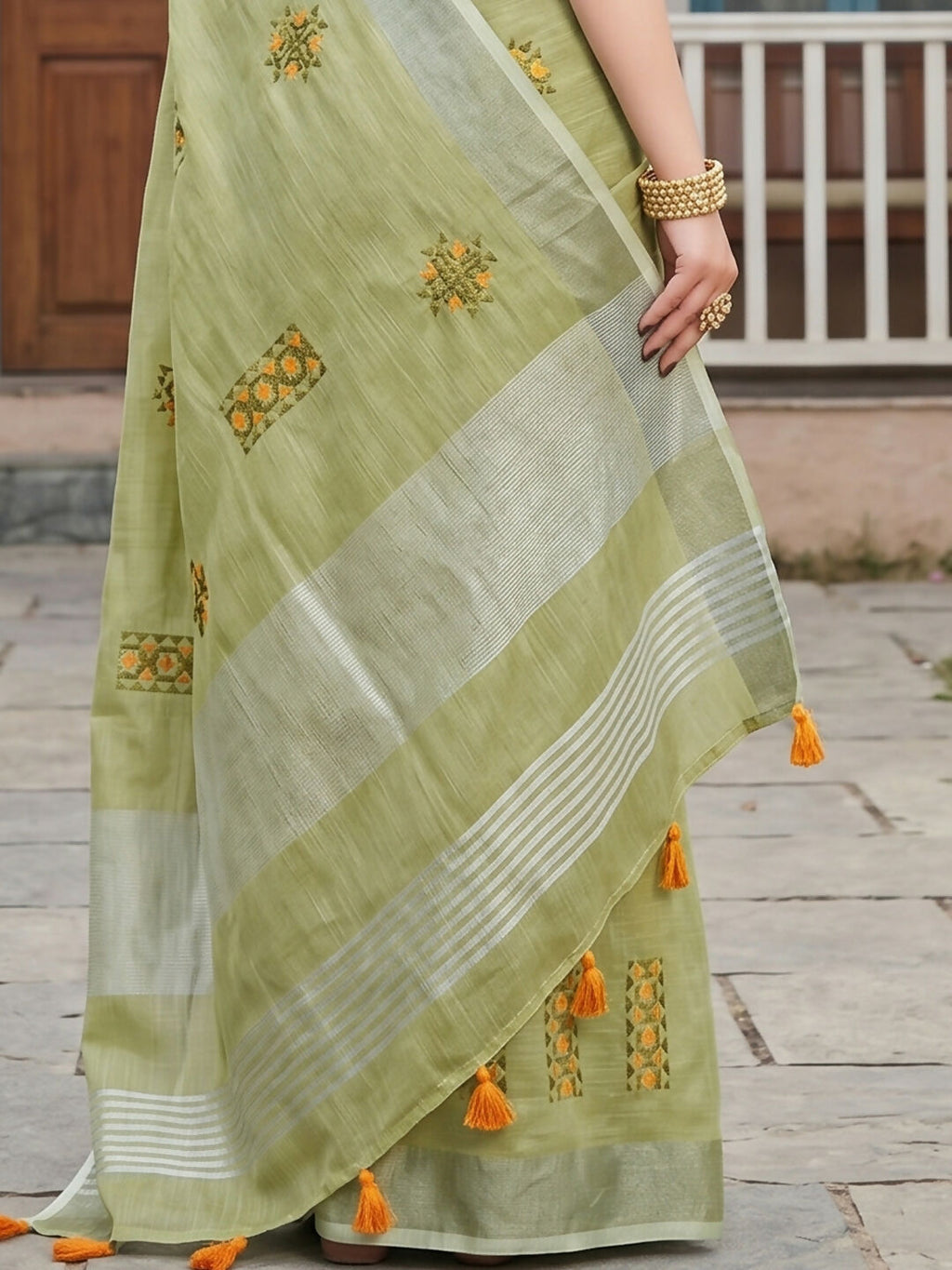 Shree Shyam Fashion Pista Green Linen Saree | Grocsy