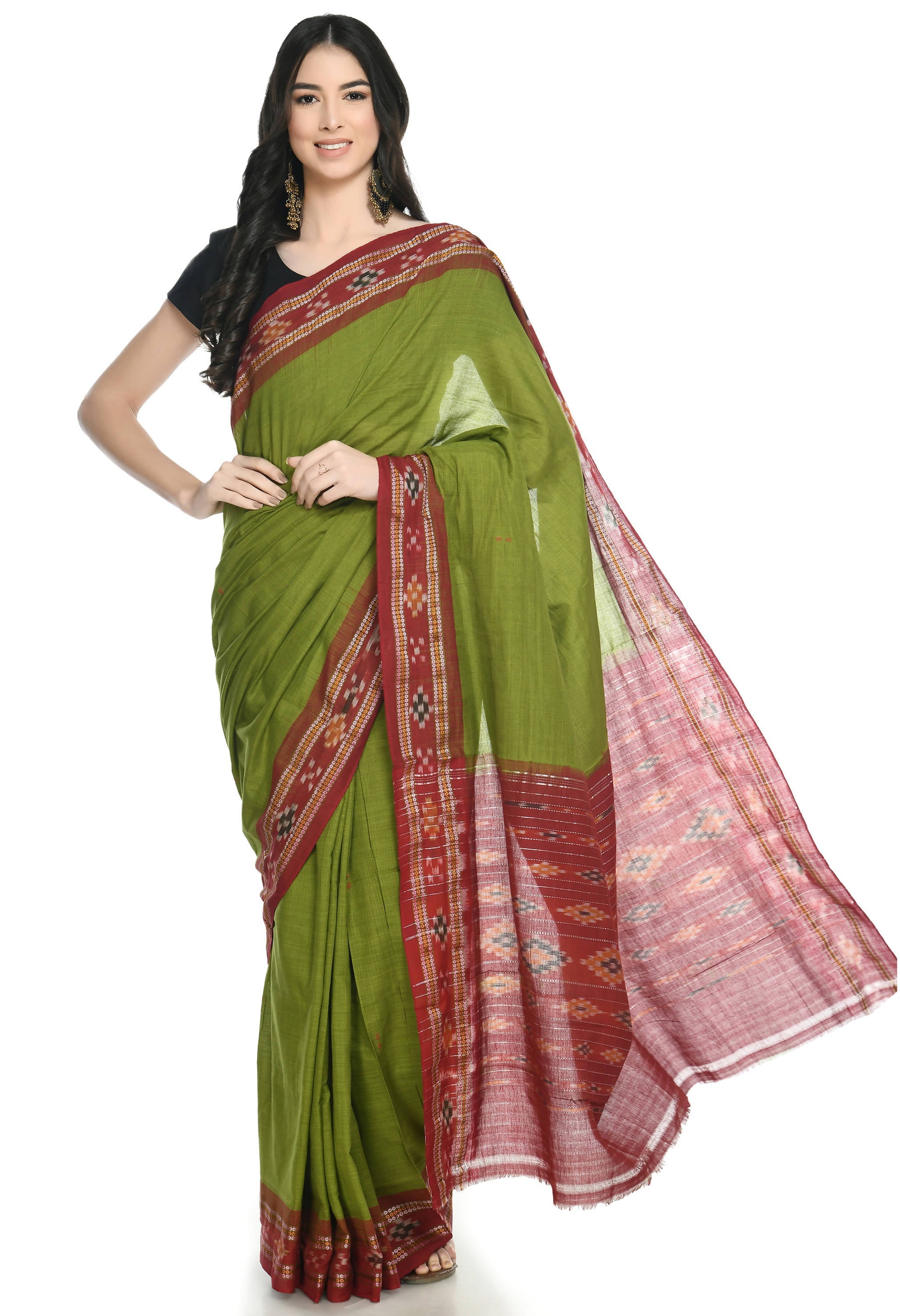 Vamika Sambalpuri Ikat Cotton Rekhabala Buti Green & Red Saree | Grocsy