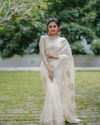 White Pure Linen Woven Design Saree with Unstitched Blouse - Hiral Fashion | Grocsy