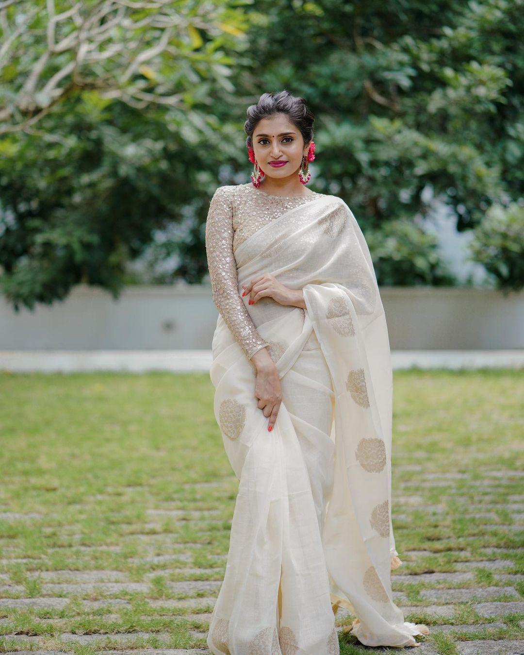 White Pure Linen Woven Design Saree with Unstitched Blouse - Hiral Fashion | Grocsy
