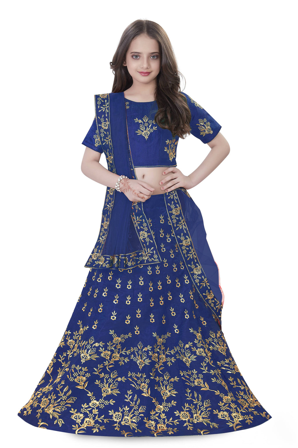 Dwiden Royal Blue Baby Doll Tafetta Sattin Semi-Stitched Girl's Lehenga Choli | Grocsy