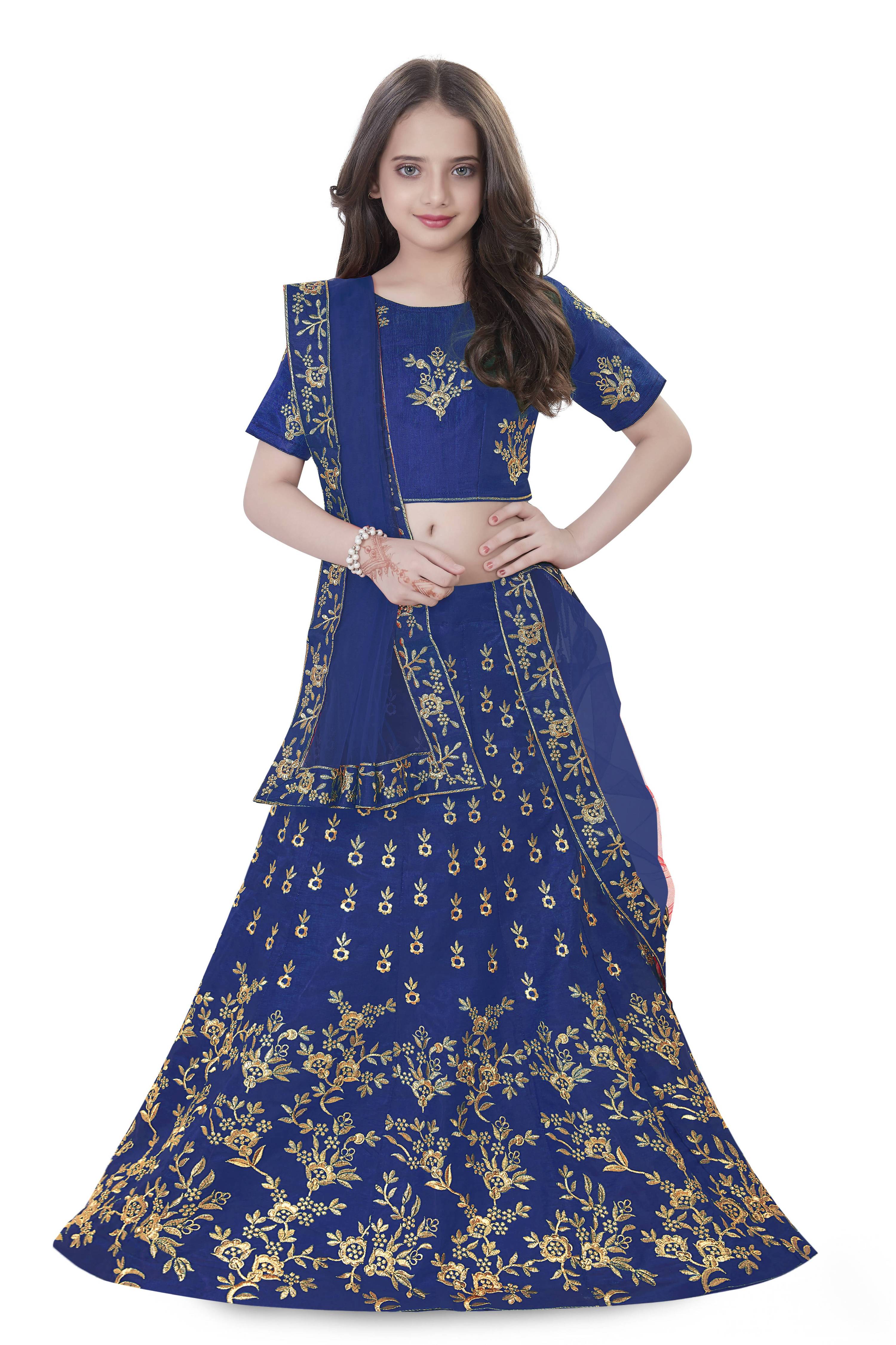 Dwiden Royal Blue Baby Doll Tafetta Sattin Semi-Stitched Girl's Lehenga Choli | Grocsy