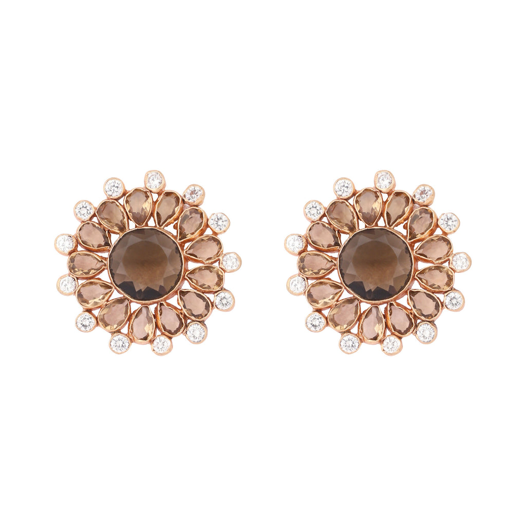 Nuyug 22K Gold Plated Faux Smoky Quartz & White Crystal Studded Contemporary Floral Shaped Studs | Grocsy