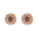 Nuyug 22K Gold Plated Faux Smoky Quartz & White Crystal Studded Contemporary Floral Shaped Studs | Grocsy