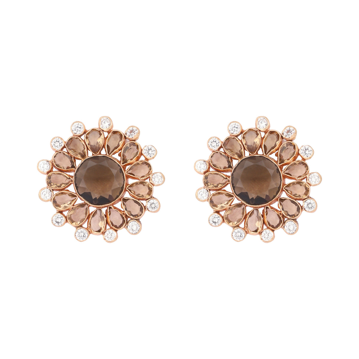 Nuyug 22K Gold Plated Faux Smoky Quartz & White Crystal Studded Contemporary Floral Shaped Studs | Grocsy