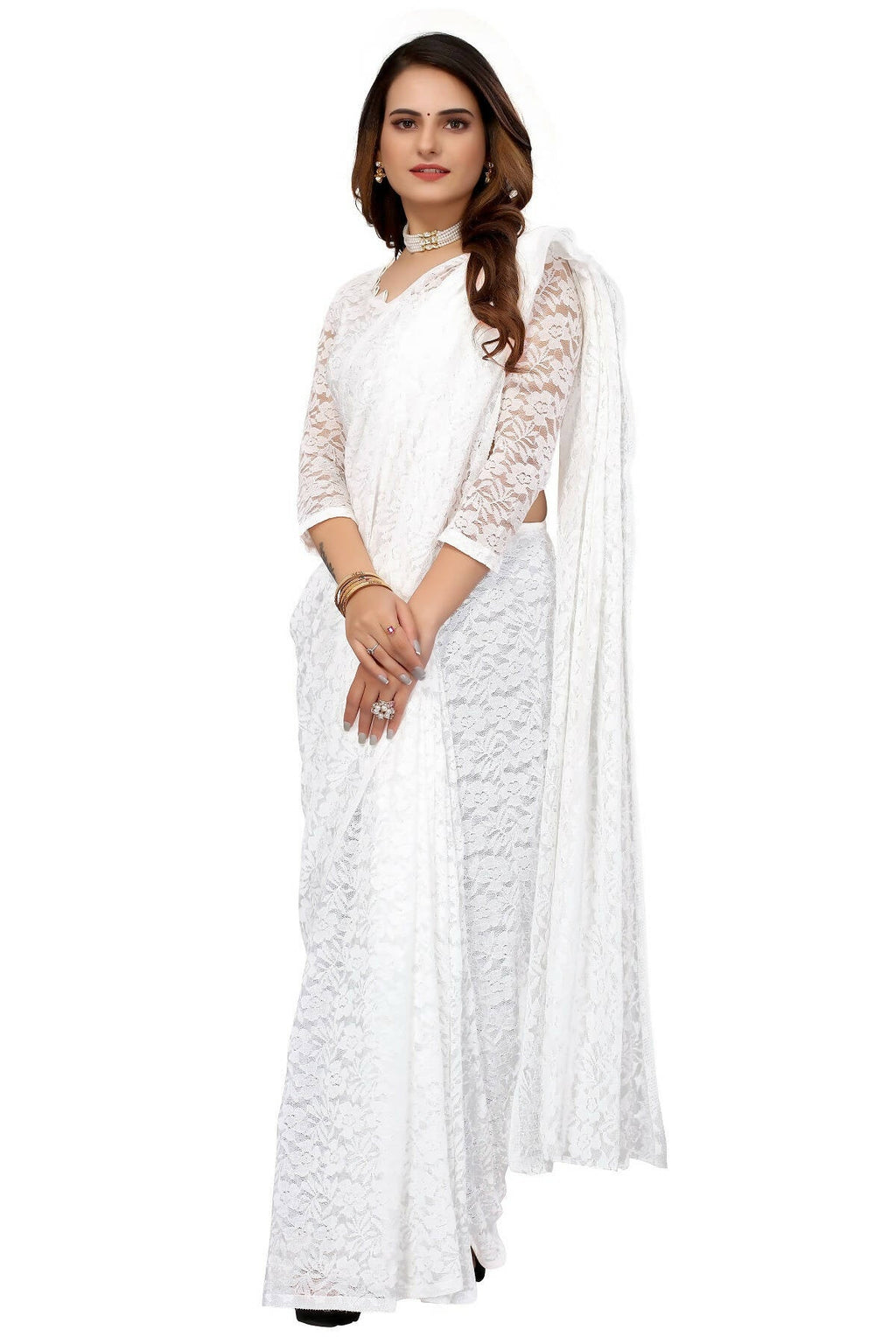 Vamika White Pearls Net Saree | Grocsy