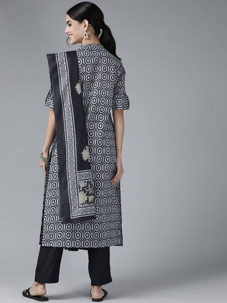 Yufta Women Grey Pure Cotton Kurta with Trouser & With Dupatta | Grocsy