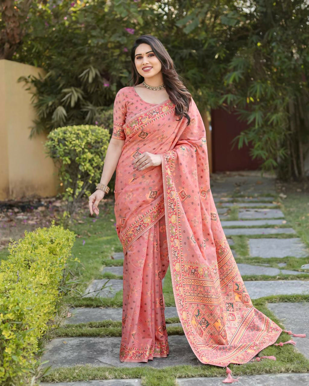 Vastranavya Luxury and Beautiful Soft, Smooth, Flowing Original Pashmina Soft Cotton Saree with Matching Blouse Fabric - Peach | Grocsy