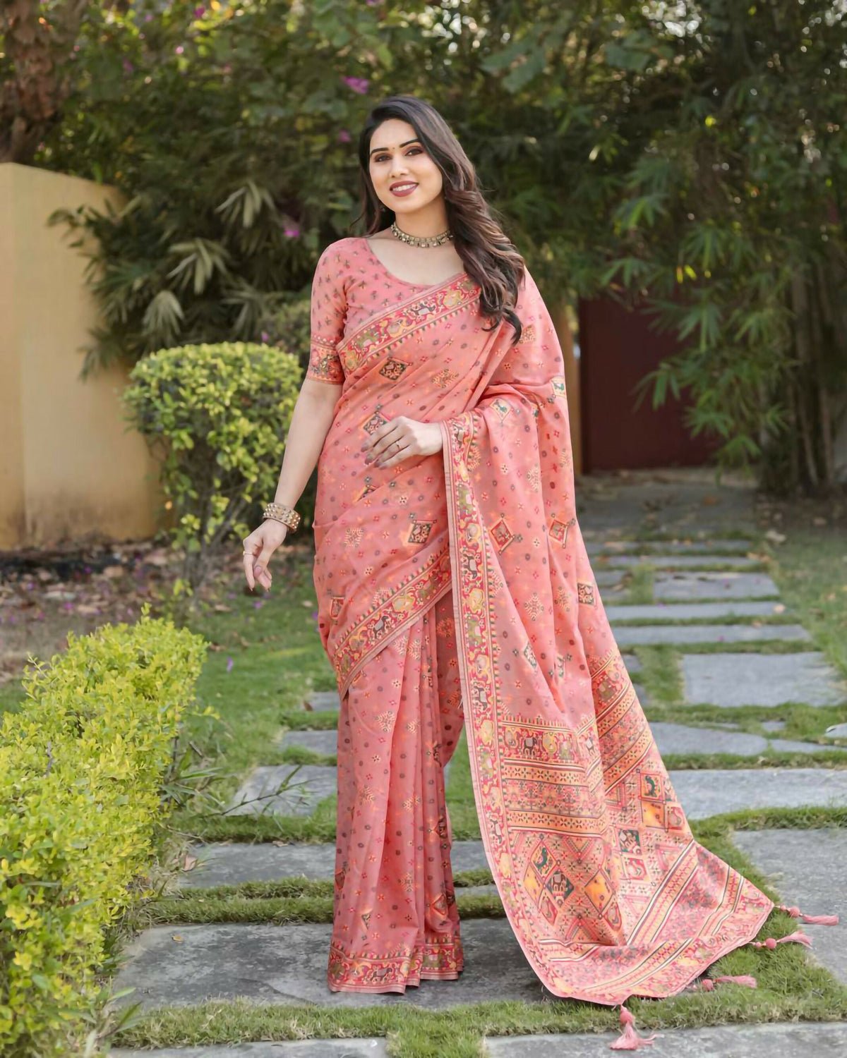 Vastranavya Luxury and Beautiful Soft, Smooth, Flowing Original Pashmina Soft Cotton Saree with Matching Blouse Fabric - Peach | Grocsy