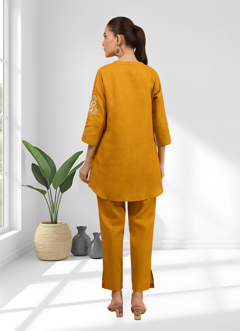 Joban Fashion Yellow Cotton, Linen Embroidered Readymade Cord Set | Grocsy