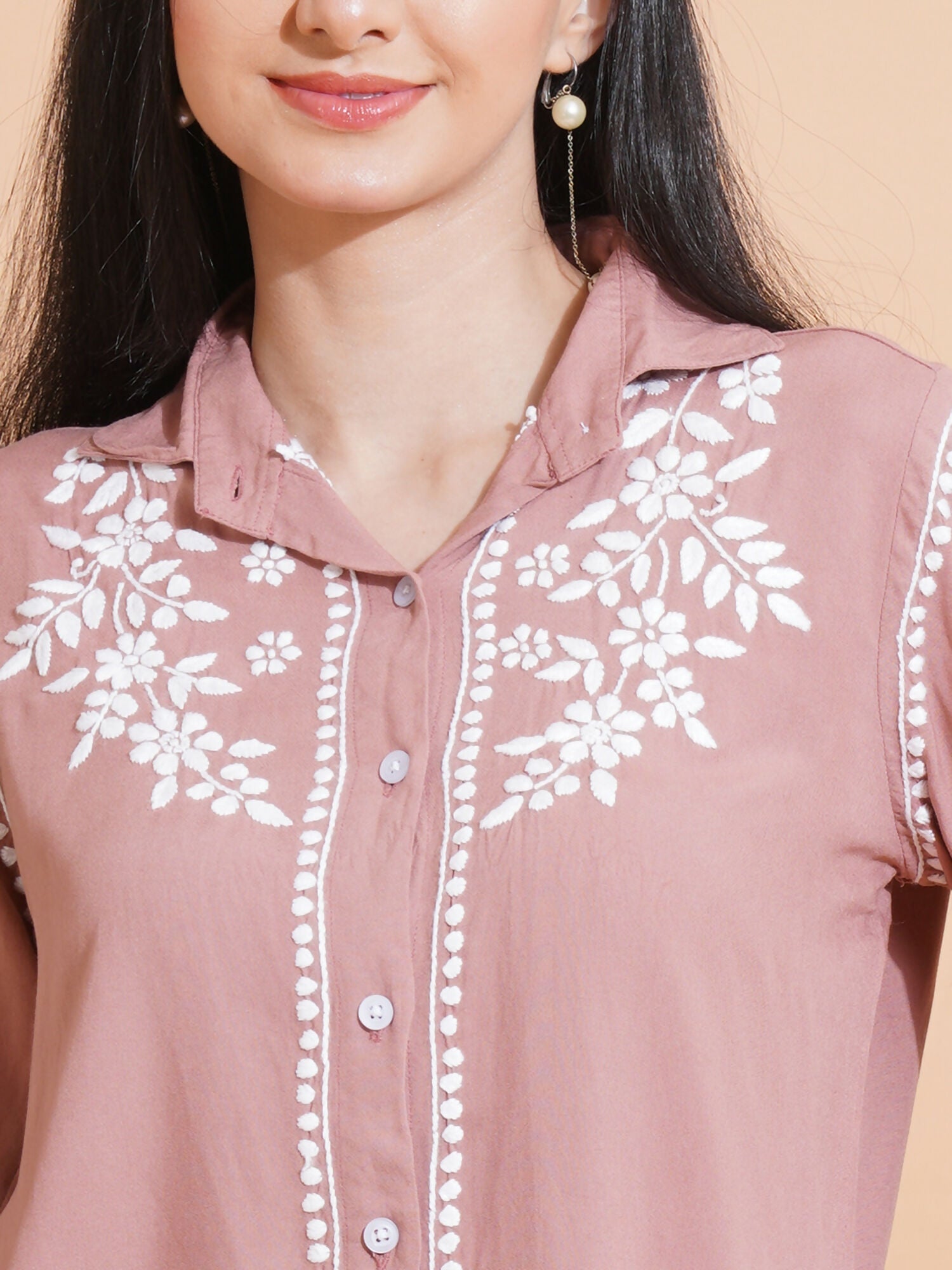 Pahnaz Modal Chikankari Handwork Shirt-Brown | Grocsy
